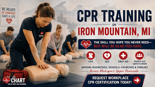 Students participate in hands-on CPR certification training in Iron Mountain, Michigan. CHART provides CPR, AED, First Aid, and workplace safety training for businesses, schools, churches, and families across Michigan's Upper Peninsula.