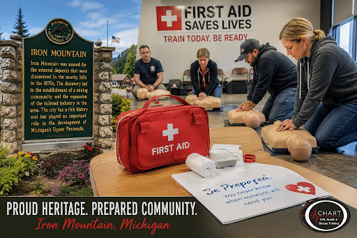 First aid certification training class in Iron Mountain, Michigan, with adults practicing CPR beside an Iron Mountain historical marker and first aid kit.